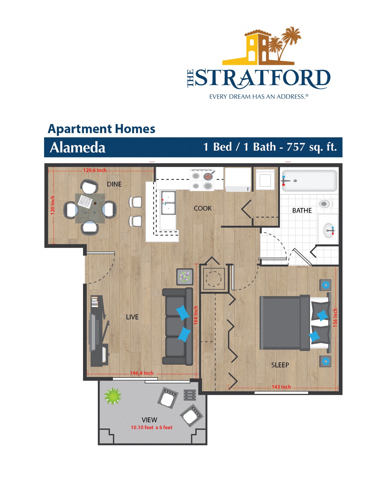 Floor plan for 1 bed, 1 bath, 757 sqft